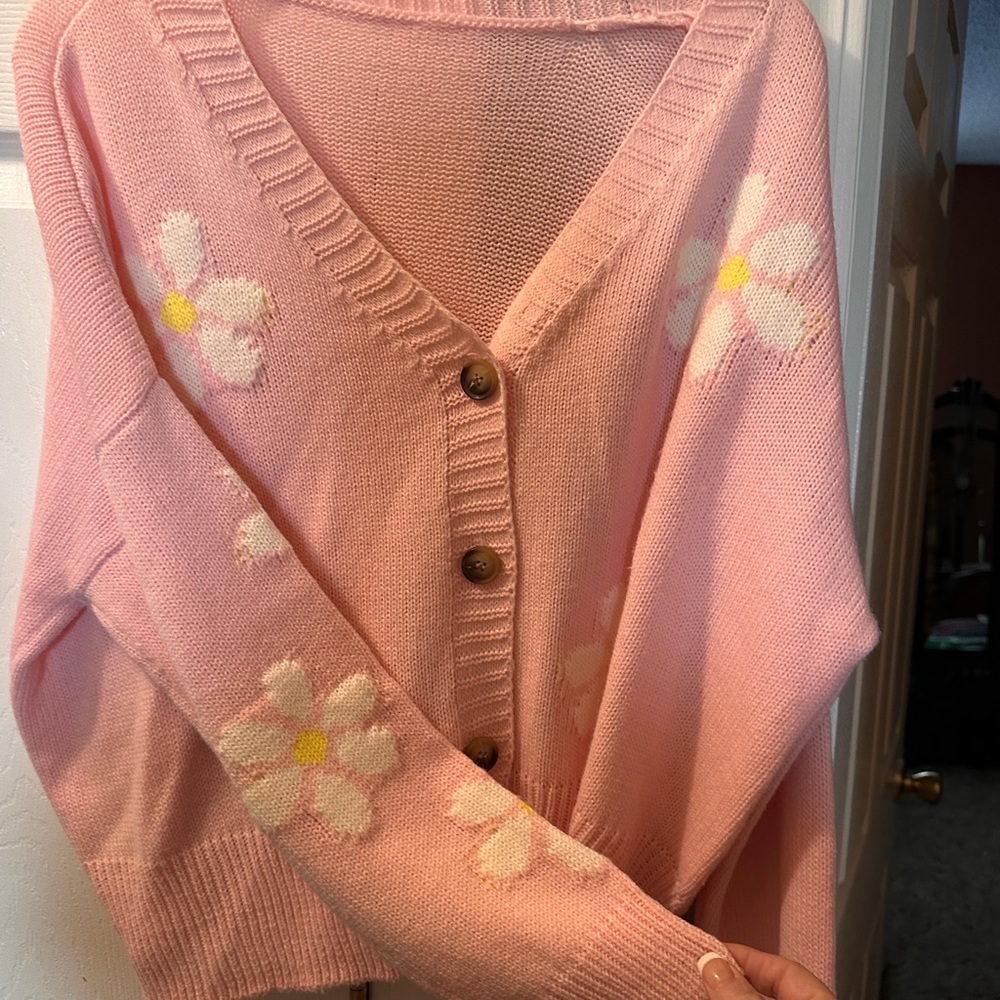 Pink Floral Button-Up Sweater